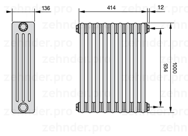 Схема (чертеж) Радиатор Zehnder Charleston 4100/9 №7610 Белый глянцевый RAL 9016